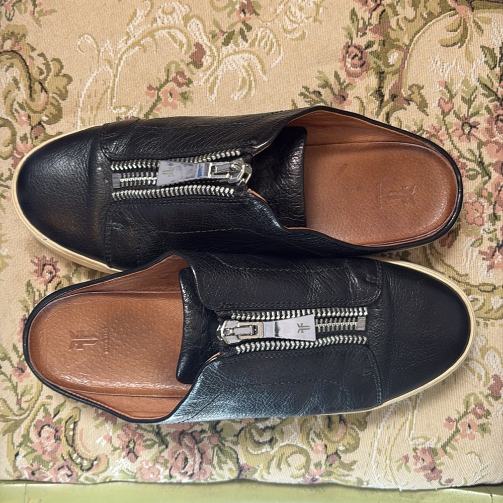 Frye Black Leather Zip-Front Slip-On Sneakers